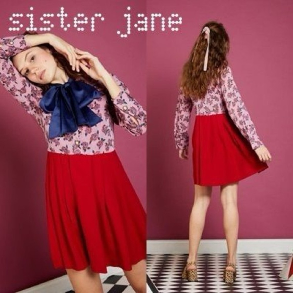 Sister Jane Pink Floral Bodice with Red Skirt and Navy Bow Dress